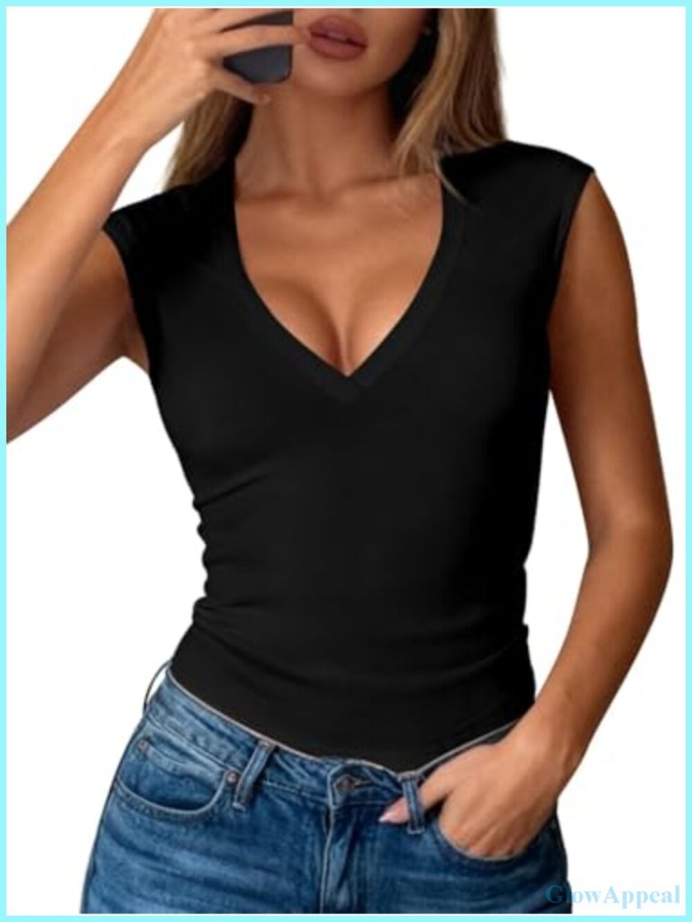 Sleeveless Deep V Neck Ribbed Knit Crop Top Slim Fit Y2K Womens